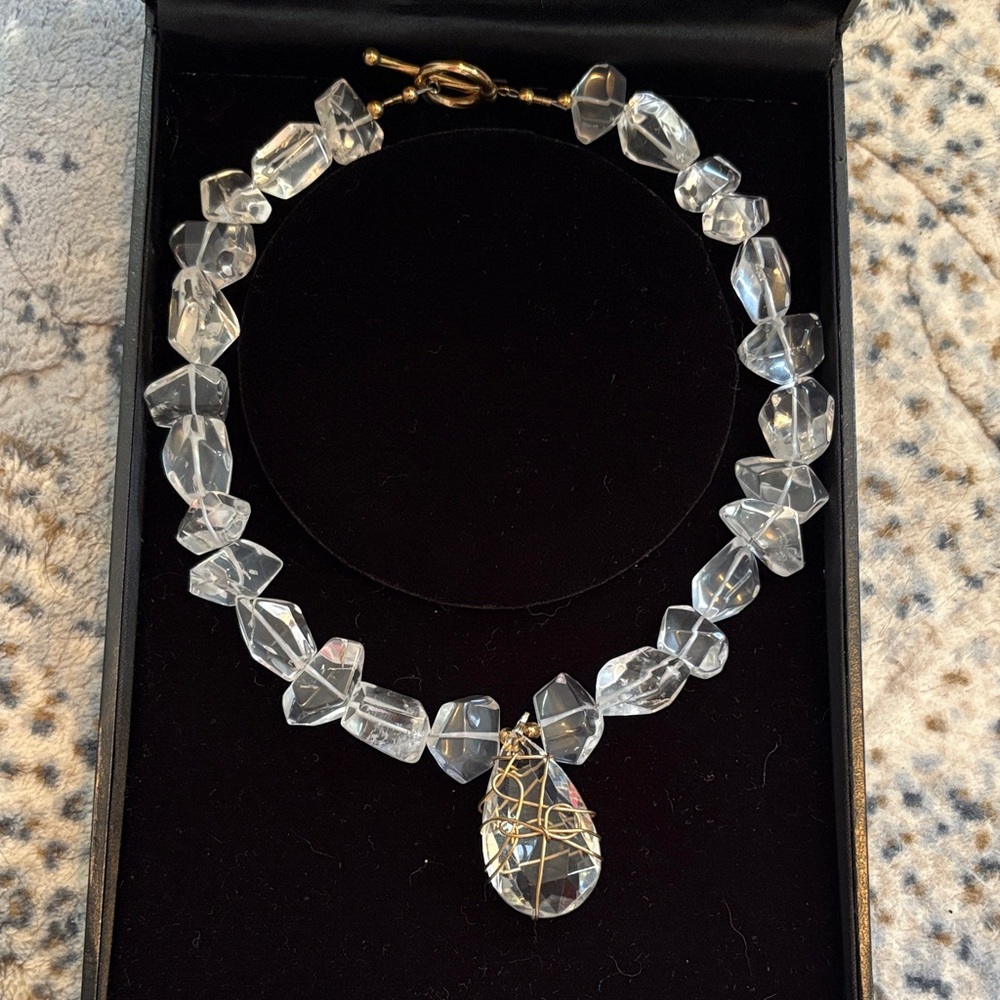 Clear Crystal Drop Necklace with Gold Wire Accent - Women Jewelry